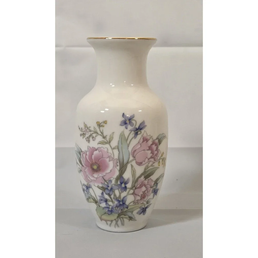 Vintage Japanese Fine‎ China Floral Vases Pair Gold Trim Mid Century Japan